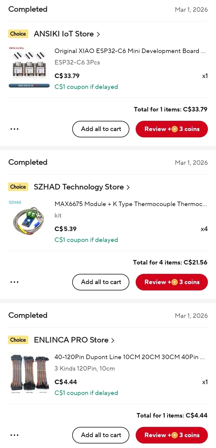 AliExpress order showing parts cost